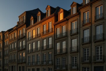 Fototapeta premium Elegant row of classic European-style buildings illuminated by the warm glow of the setting sun.
