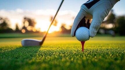 Hand Placing Golf Ball on Tee Under Sunset on Golf Course Green