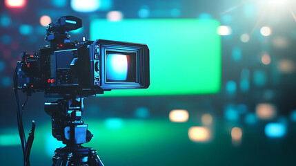 Professional Video Camera on Tripod with Green Screen Background