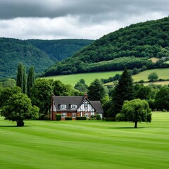 A charming country house sits amid rolling green hills and lush trees under a cloudy sky.