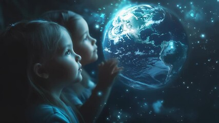 Children watching glowing earth in space. Dreaming children look at future. Peaceful children connect with planet stars. Future hope in planet. Magic view of planet unites children. happy family