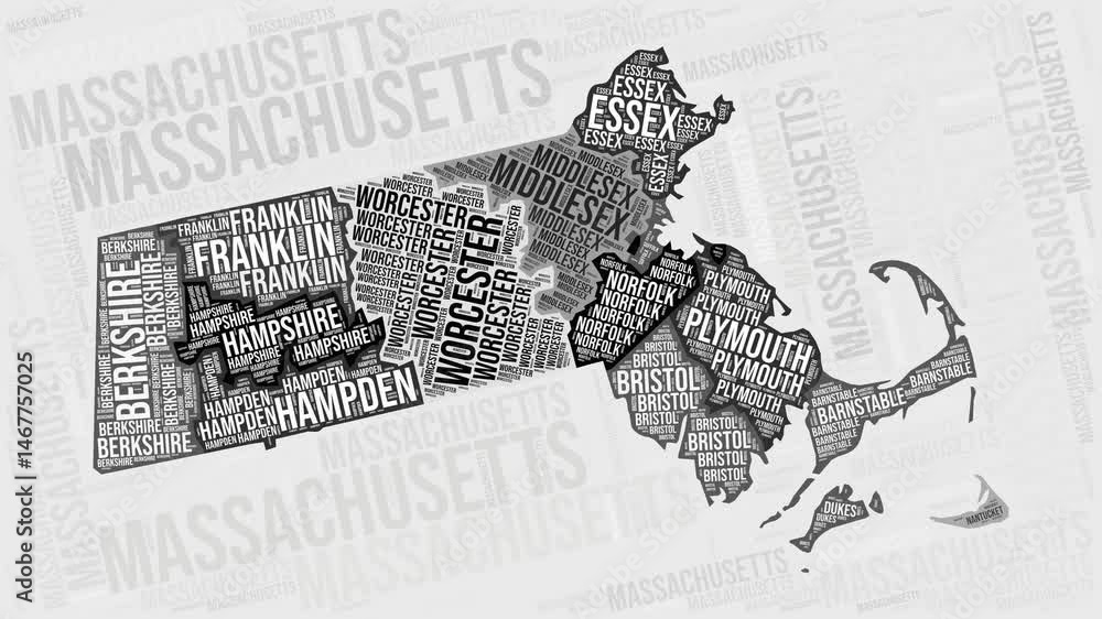 Poster massachusetts animation. visual effect of massachusetts counties appearing in black and white word c