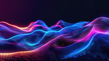 Obraz premium Abstract picture of neon light particle with digital technology style design connecting become dynamic of electric wave movement represent about flowing of data or structure of network system. AIG53.