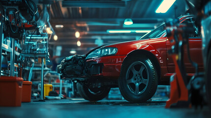 Fototapeta premium Red Car in Auto Repair Garage with Accident Damage