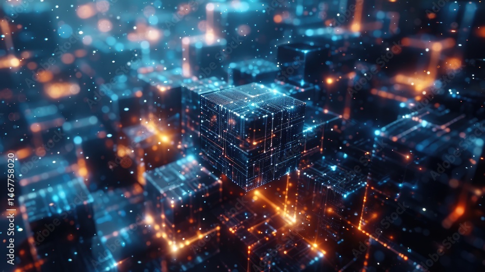 Poster explore a captivating abstract technology background featuring 3d cubes illuminated by glowing light