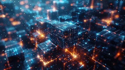 Fototapeta premium Explore a captivating abstract technology background featuring 3D cubes illuminated by glowing lights. Ideal for digital, futuristic projects.