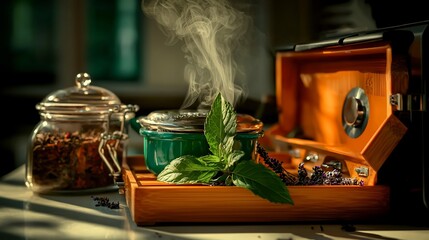 Aromatic herbal tea steaming in a teal pot, nestled on a wooden tray