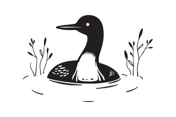 Loon Bird Silhouette in Lake with Reeds Nature SVG Clipart for Crafts and Prints