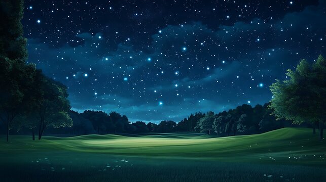 Digital artwork of golf course under night sky with glowing stars and peaceful view image