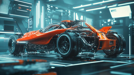 Obraz premium Red Futuristic Sports Car in a Neon Garage