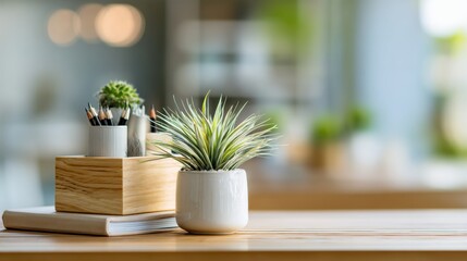 Desk Organizer With Green Plant and Blurred Background Showcasing an Inspiring Workspace Setting Generative AI