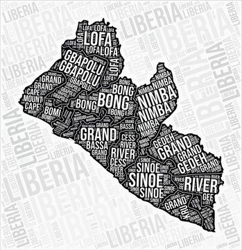 Liberia regions map word cloud. Liberia region names. Black and white map design. Elegant vector illustration.