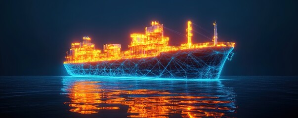Fototapeta premium Glowing wireframe oil tanker on dark sea at night.
