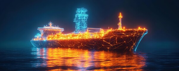 Fototapeta premium Glowing wireframe oil tanker on dark sea at night.