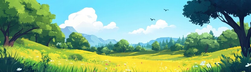 Obraz premium Sunlit Meadow Landscape: A Serene Summer Day Painting