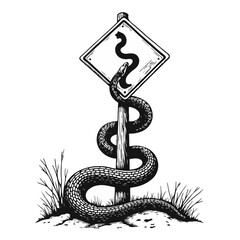 Fototapeta premium Snake Warning Sign with Coiling Snake for Safety Awareness, Outdoor Education, Hiking Guides, Nature Blogs, and Environmental Campaigns