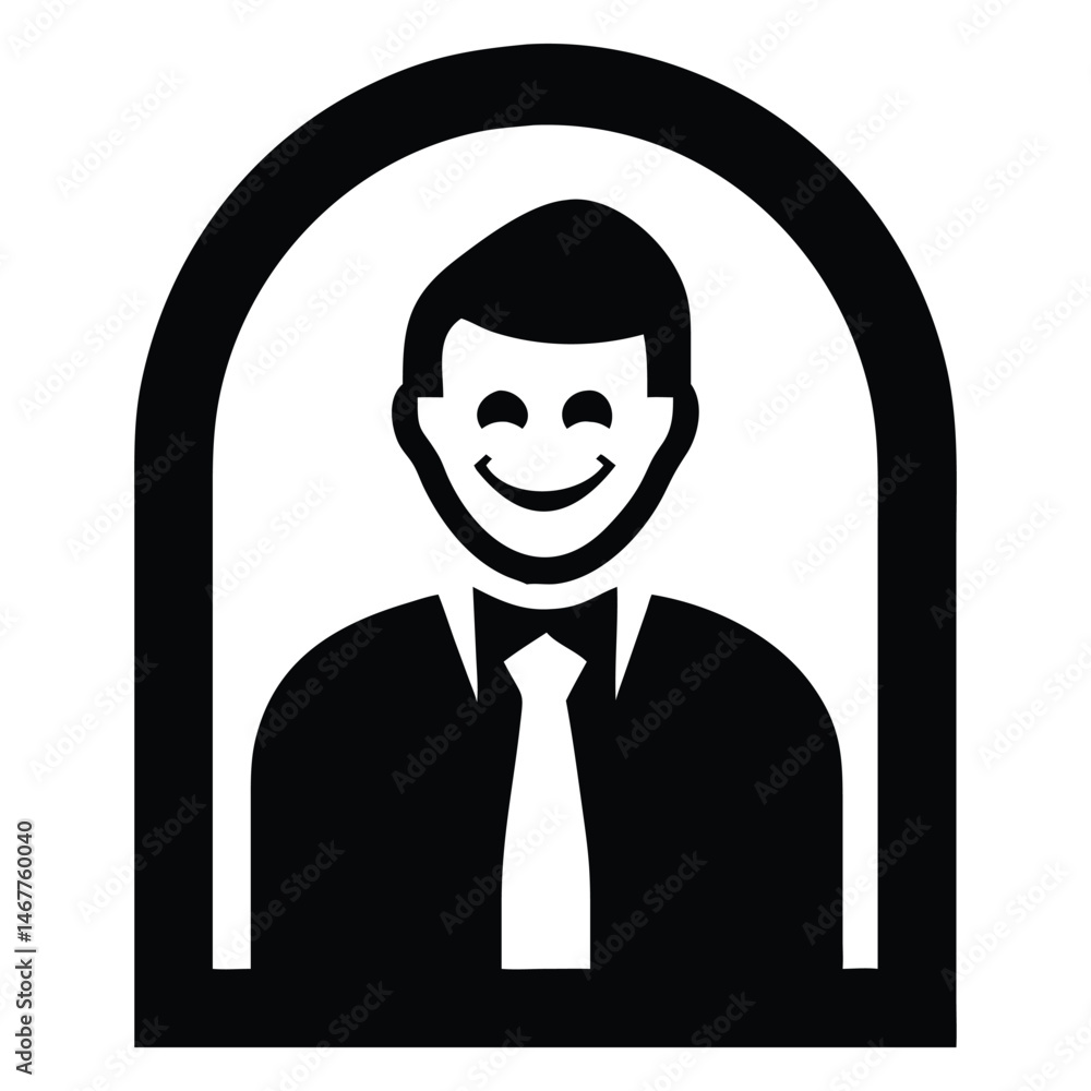Poster smiling figure with tie displayed inside arched frame symbolizes professionalism and positivity