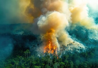 Aerial view of massive forest fire with thick smoke.