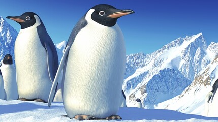 Fototapeta premium Emperor Penguins on Antarctic Ice: Majestic emperor penguins stand majestically on a vast expanse of Antarctic ice.