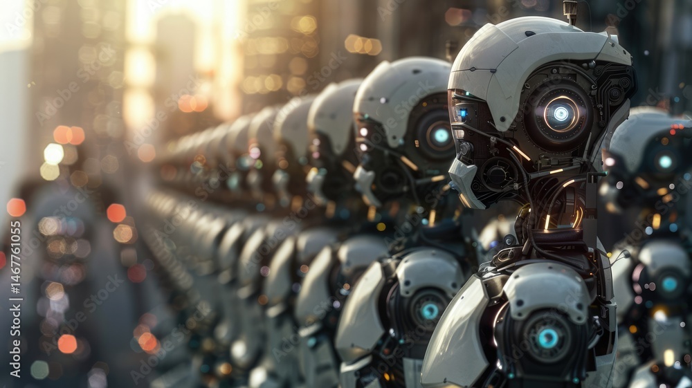 Poster science fiction picture of high tech robots for chat bot program, assistance technology about inform