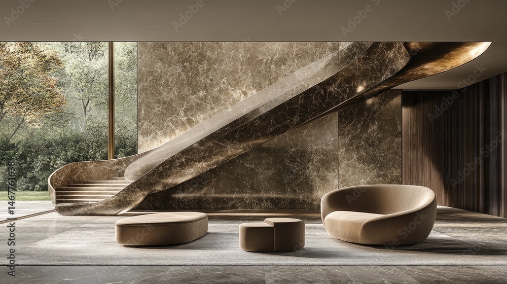 Poster modern interior architecture with winding staircase and minimalist design elements