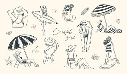 Whimsical hand-drawn beach scene featuring women enjoying the sun with umbrellas