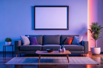 Modern living room interior design with purple and pink LED lights a gray sofa and stylish decor
