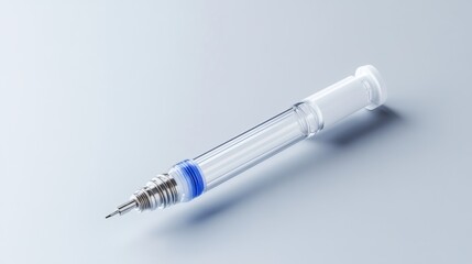 Fototapeta premium Clear Syringe with Blue Accents on Soft Grey Background for Medical Use