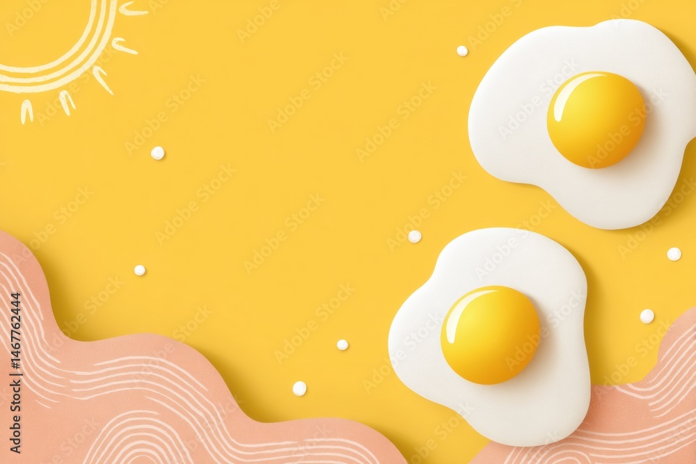 Poster bright art featuring sunny side up eggs on a cheerful yellow background with space for text generati