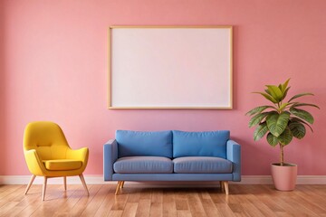 Modern Living Room Interior Design with Pink Walls, Yellow Chair, Blue Sofa, and Blank Canvas