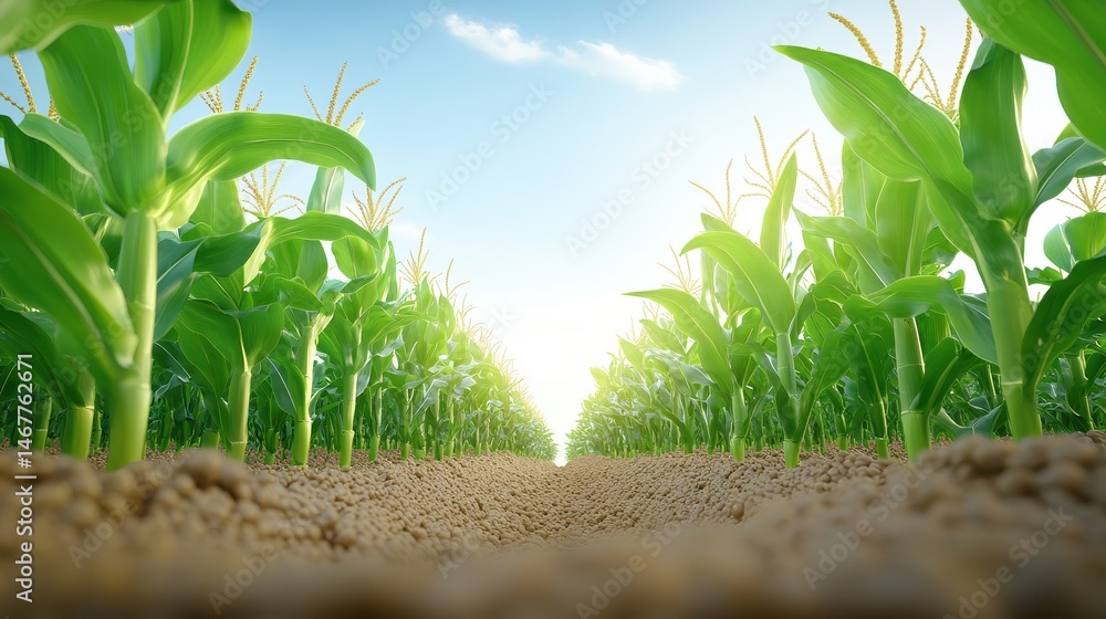 Poster a ground-level view of towering corn stalks, emphasizing their height and the density of the crop in