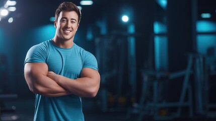 Smiling muscular man with arms crossed in gym setting health and fitness lifestyle