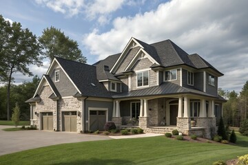 Elegant Two-Story House with Grey Siding and Stone Accents