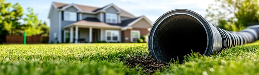 Fototapeta premium A black corrugated pipe lies on a lush green lawn, with a well-maintained two-story house in the background, including a garage and windows, and some greenery and another house around.