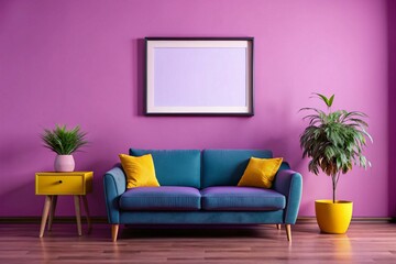 Modern living room interior design featuring a teal sofa, purple walls, yellow accents, and potted plants.