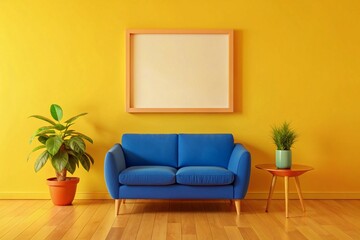 Vibrant Yellow Room Decor Featuring a Blue Sofa Plants and a Blank Frame