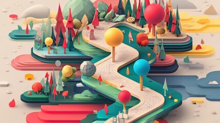 Colorful Abstract Map Featuring 3D Path Markers, Landmarks, and Vibrant Landscapes Generative AI