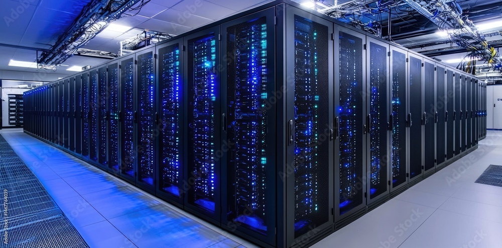 Poster Clean data center corridor with sleek black server racks and bright lighting. Ideal for cloud computing systems, data security environments, and scalable infrastructure