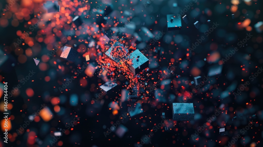 Poster experience a mesmerizing 3d optical illusion featuring floating cubes with a glitch texture. this vi