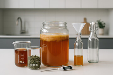 Glass jars, beakers, and bottles containing kombucha, tea, fruits, and a thermometer sit on a white kitchen counter, illustrating the process of making kombucha
