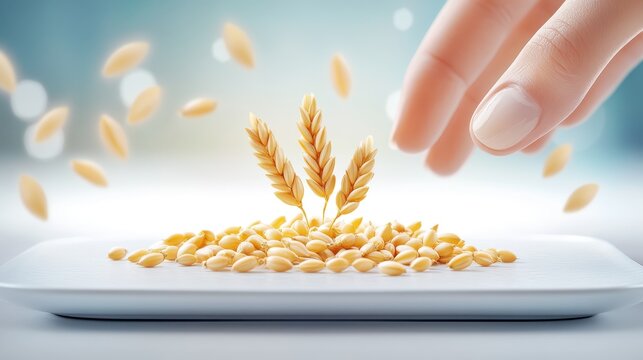 A handful of barleycorn grains gently resting on a white ceramic plate, with soft focus on the grains to enhance their organic feel.