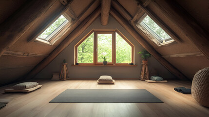 Serene Attic Yoga Studio with Wooden Beams and Natural Light