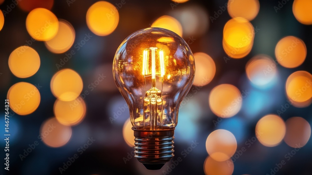 Poster this image features a vintage light bulb with a warm glow, suspended in front of a beautifully blurr