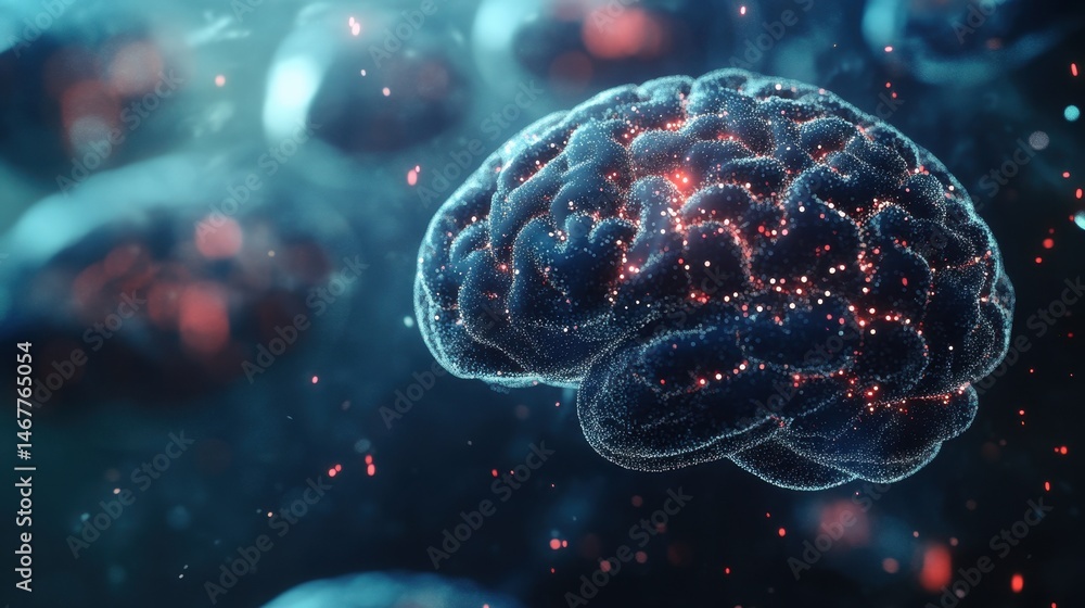 Poster a captivating 3d rendering of a human brain, illuminated with glowing particles. this artwork symbol