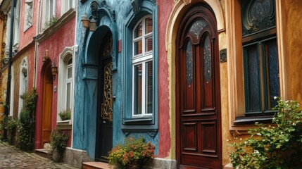 Fototapeta premium Colorful Old Town Street with Ornate Doors and Windows