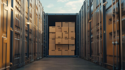 Shipping Containers Filled with Cardboard Boxes at a Logistics Facility