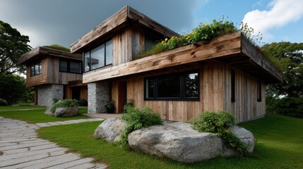 Obraz premium Modern eco-friendly house with wooden exterior, large windows, greenery, and natural landscape design