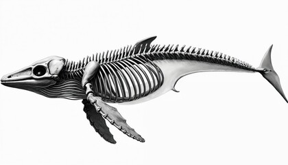 Black and white illustration depicts whale skeleton, artistic graphic, anatomy study. Detailed drawing, isolated on white, perfect for educational, science, art projects about marine biology.