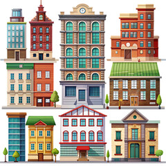 City Building Architecture Icons Set: Vector Illustrations of Houses and Apartments
