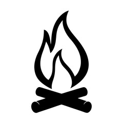 Campfire symbol with flames and wood logs in black and white